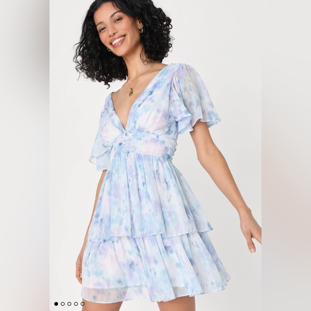 Sunny Evenings Blue Multi Lurex Flutter Sleeve Mini Dress - S